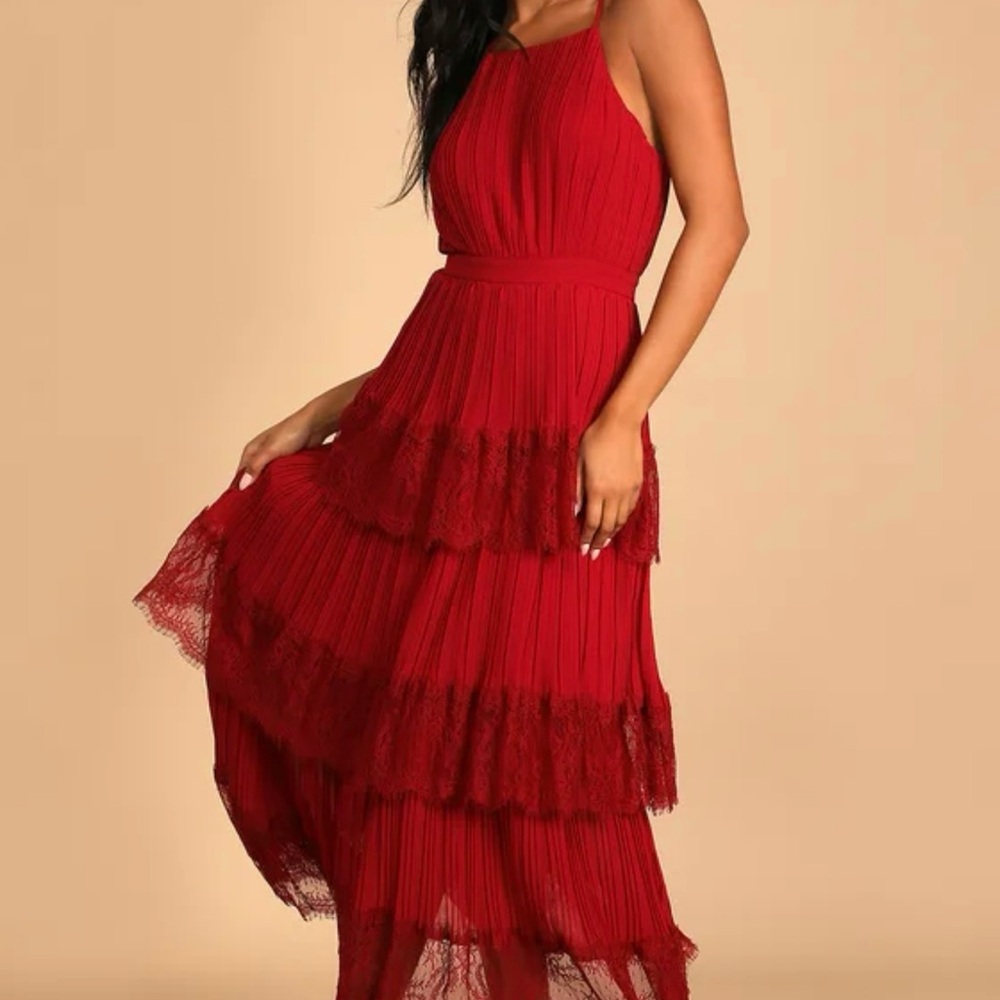 Lulu's Red High-Low Pleated Lace Tiered Maxi Dress